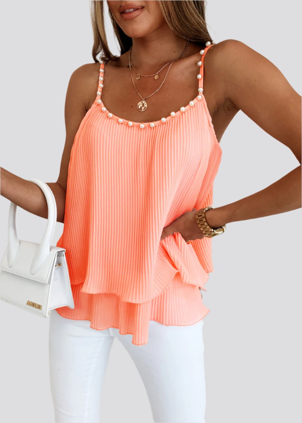 Pearl Camisole Top Women Ruffle Loose Shirt Summer