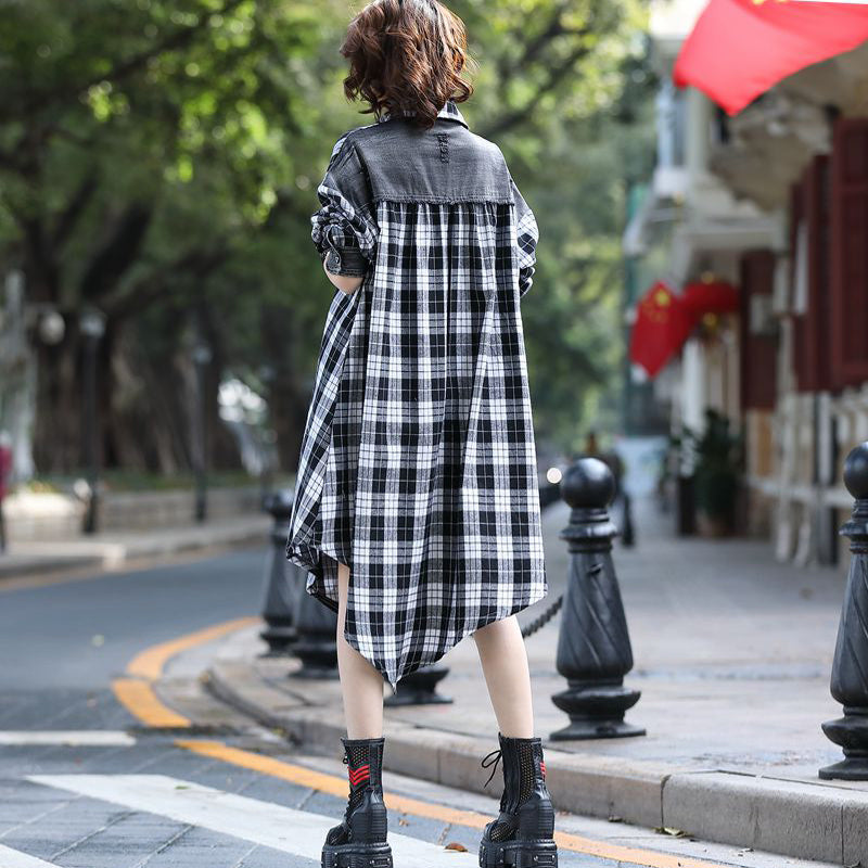 Loose Casual Denim Paneled Contrast Plaid Midi Dress