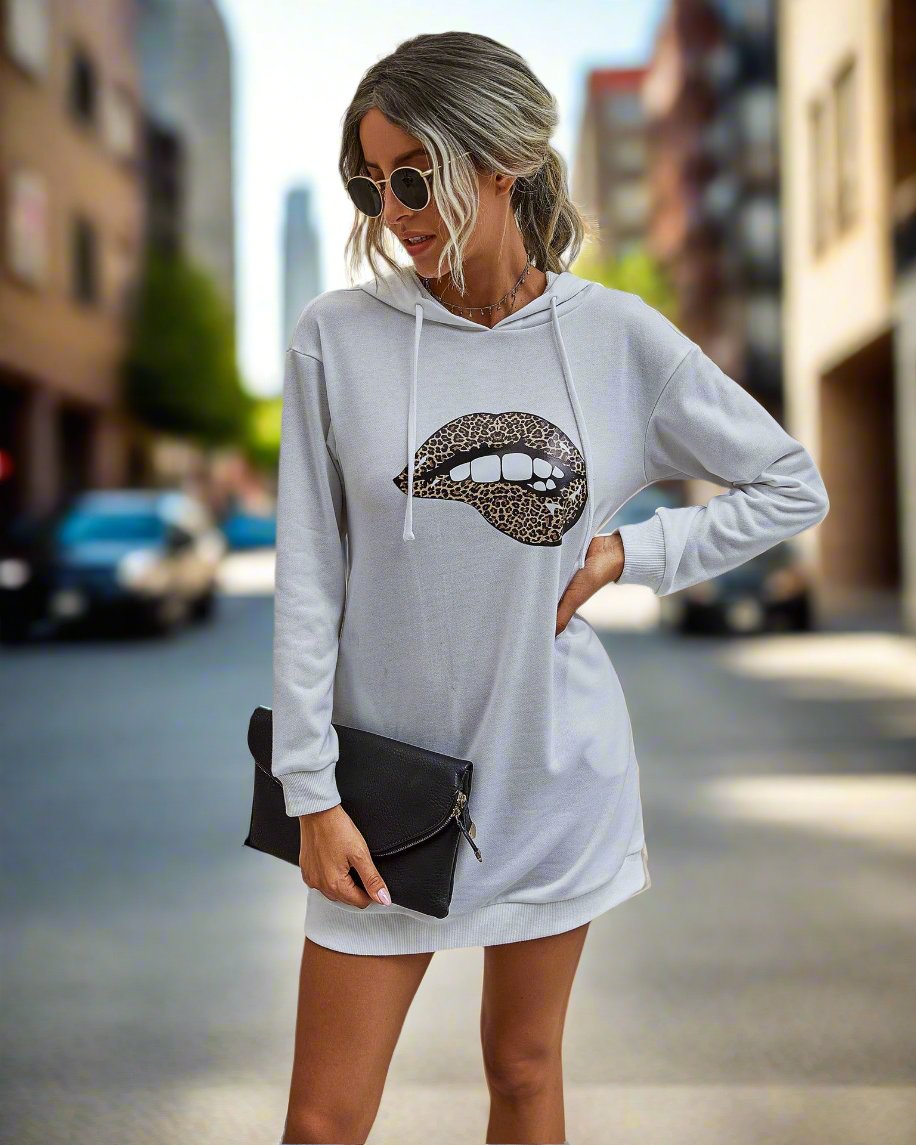 Autumn Lip Heat Transfer Mid-length Women's Hooded Sweater