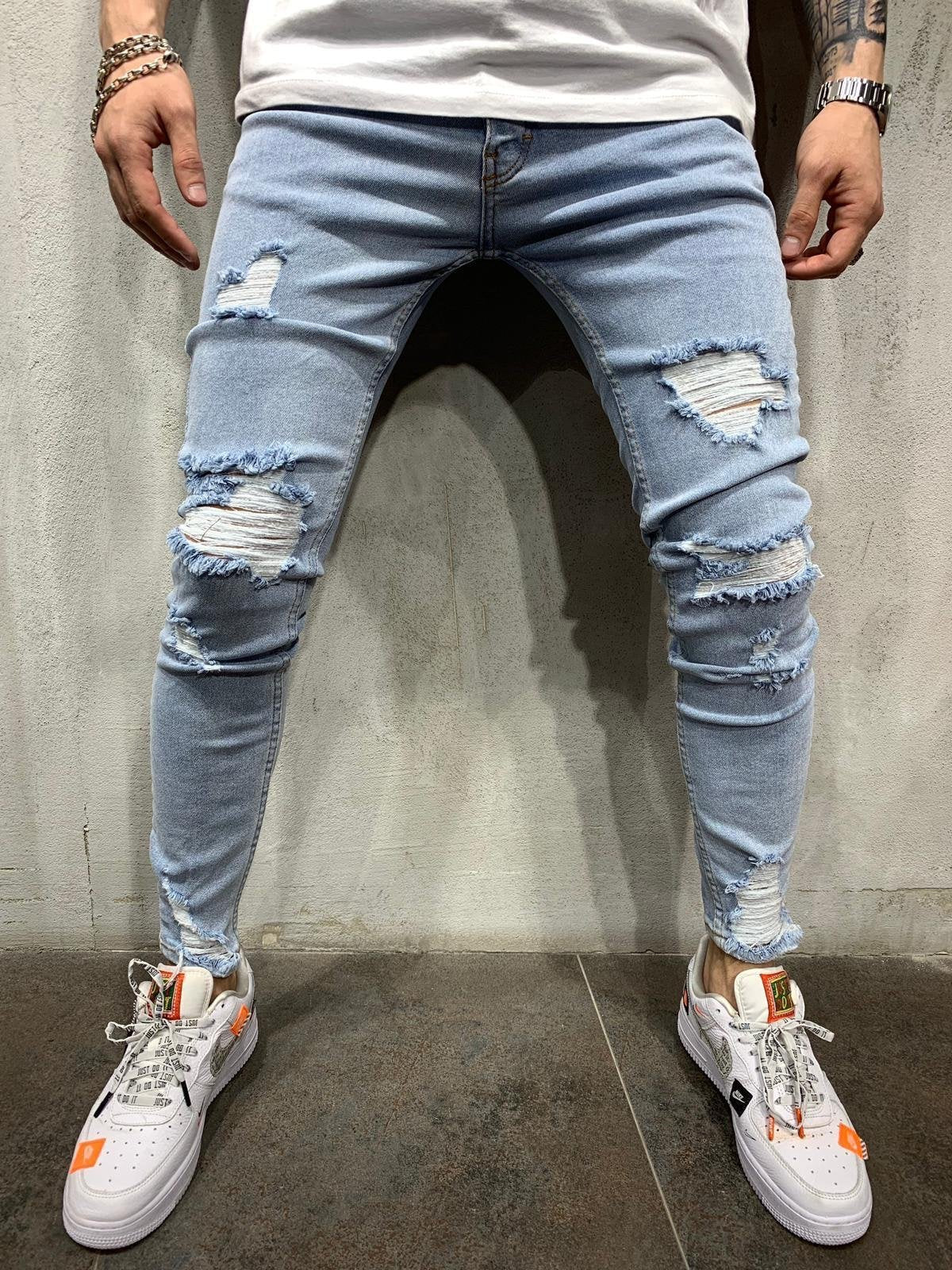 European And American High Street Men's Slim Fit Skinny Scrape Denim Trousers Fashionable Youth Ripped Jeans Large Size