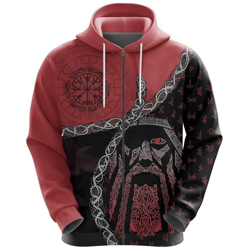 Viking Warrior Tattoo Series Printed Zip Hoodie Sweatshirt