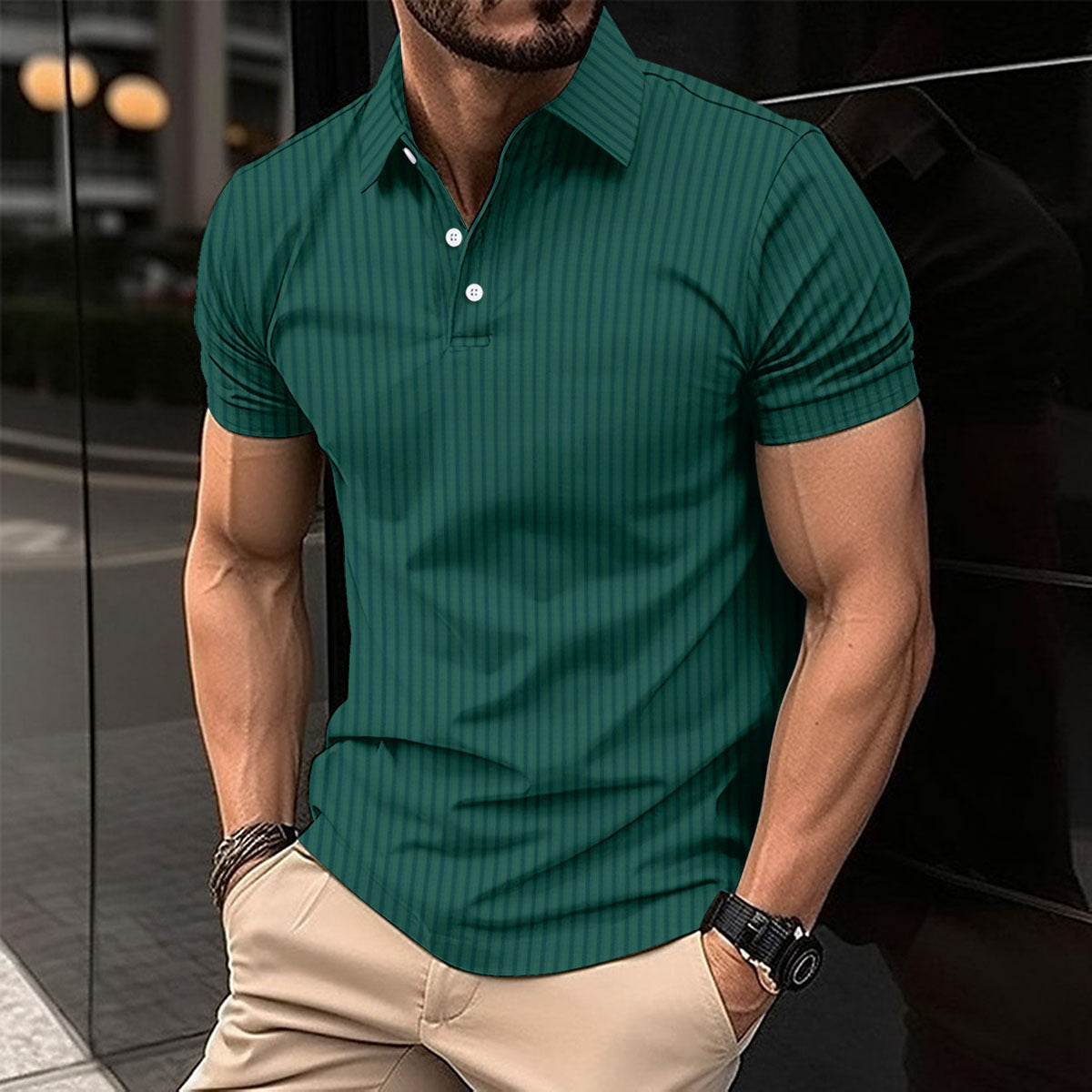 Elastic Vertical Short-sleeved Polo Shirt