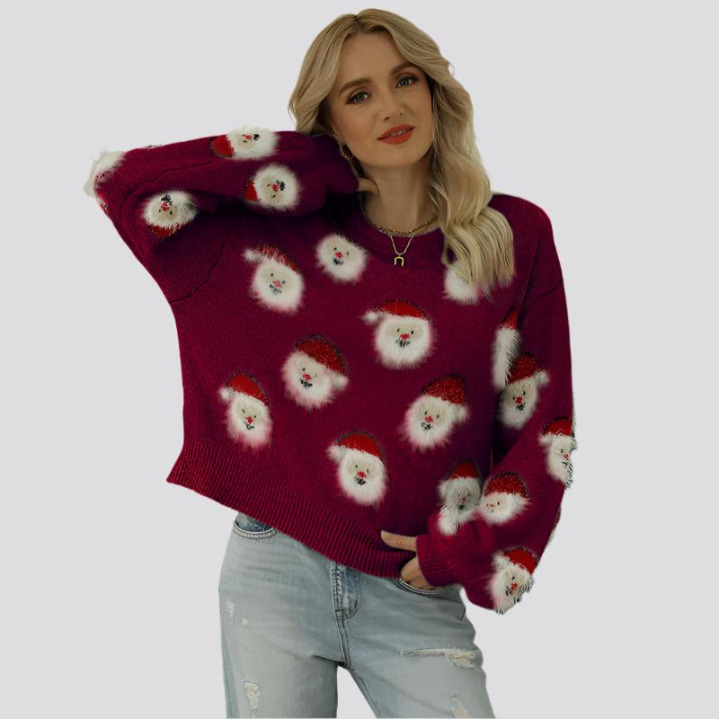 Christmas Sweater Women Cute Cartoon Santa Print Knit Sweater Winter Tops