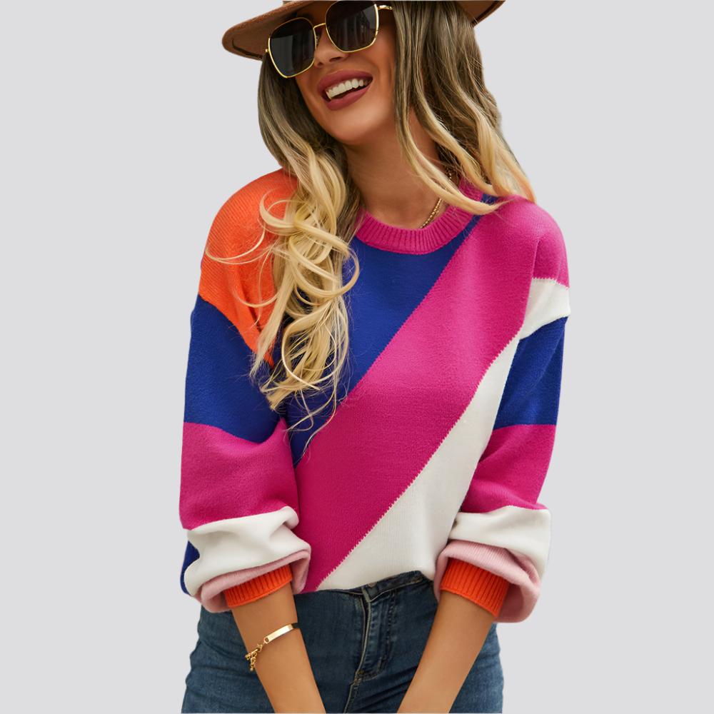 Women's Fashionable Simple Striped Patchwork Round Neck Sweater