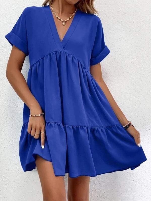 New Short-sleeved V-neck Dress Summer Casual Sweet Ruffled Dresses Solid Color Holiday Beach Dress For Womens Clothing