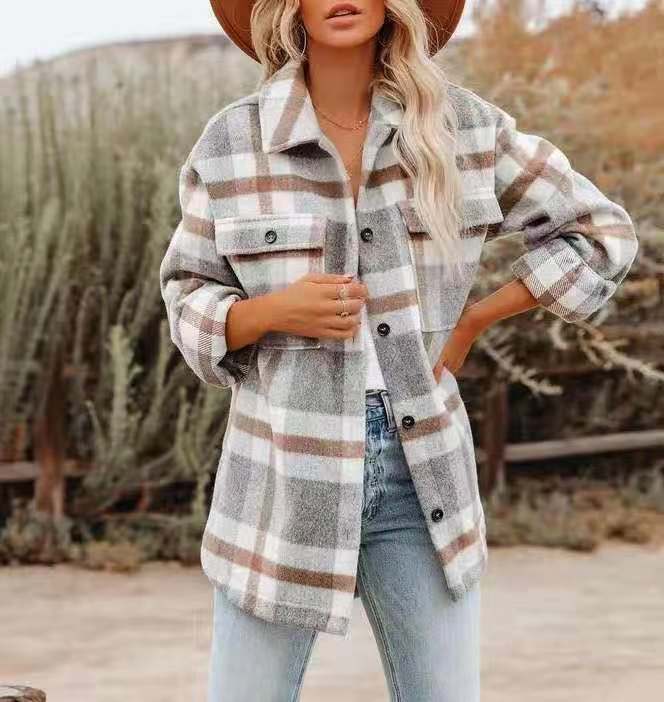 Women's Long-sleeved Loose Plaid Shirt Woolen Jacket