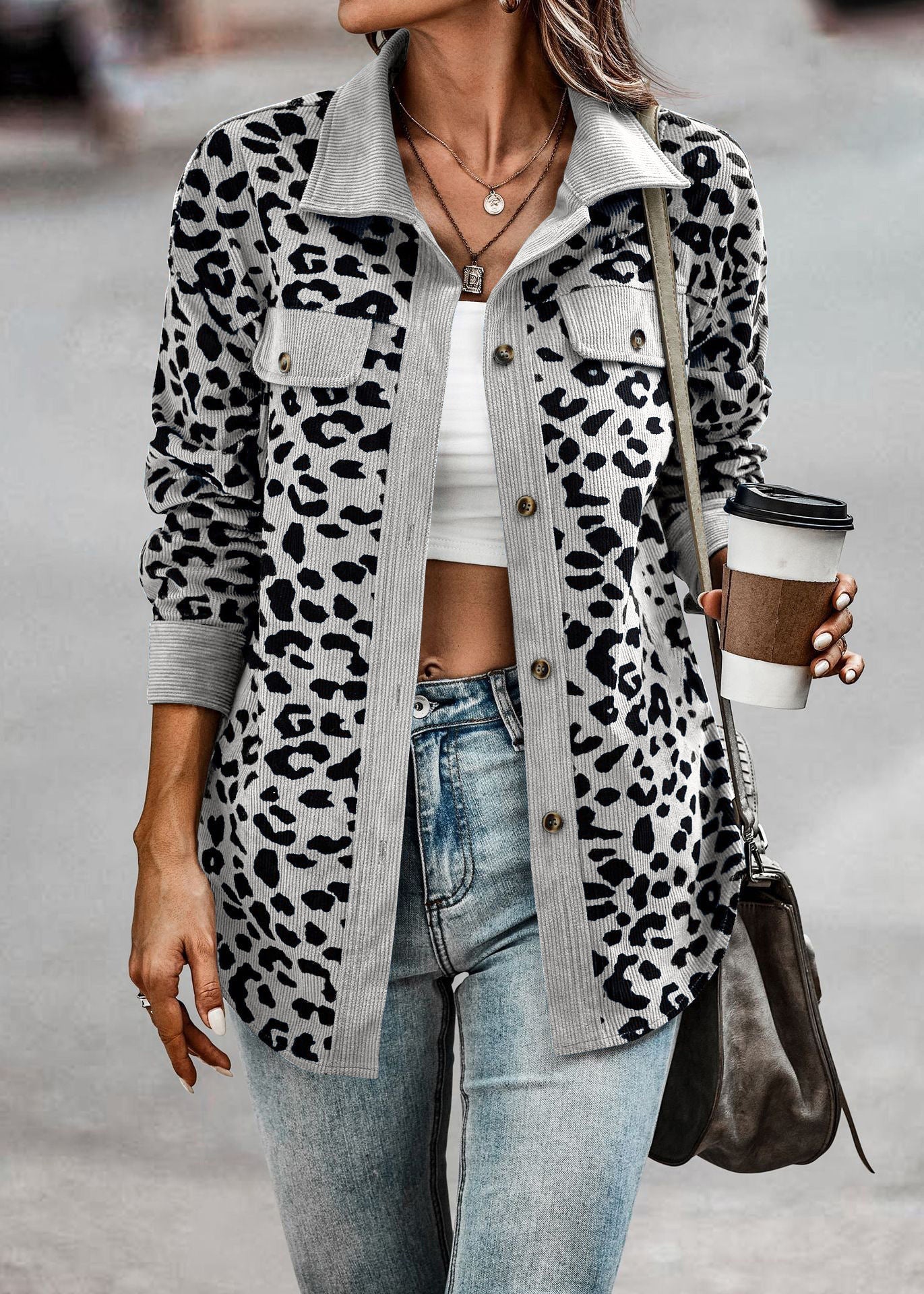 Leopard Print Shirt Coat Fashion Button Long Sleeve Jacket Women