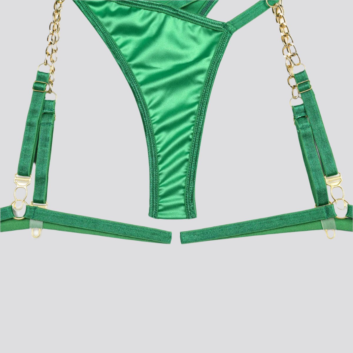 Green Satin High-end Lingerie Three-piece Set Women's Chain