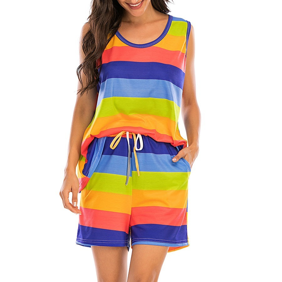 Womens Rainbow Stripes Short Sleeve Pajama Set Night Lounge Top Short