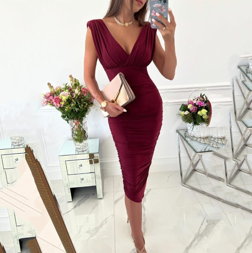 Summer Solid Color Sleeveless V-neck Cinched Bodycon Sheath Dress