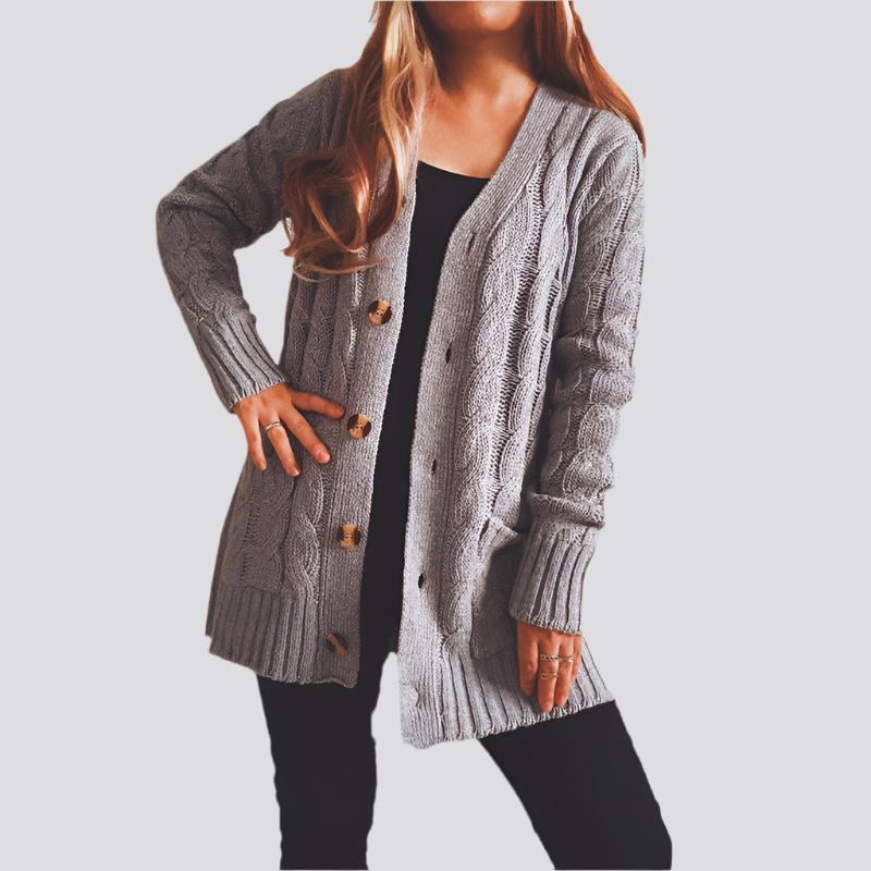 Single-breasted Coarse Twist Pocket Long-sleeved Knitted Sweater