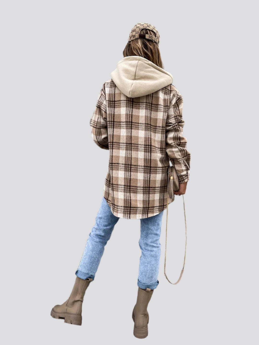 Ins Women's Woolen Jacket Winter Fashion Plaid Hooded Coat With Detachable Cap And Pockets Design Shirt Outerwear