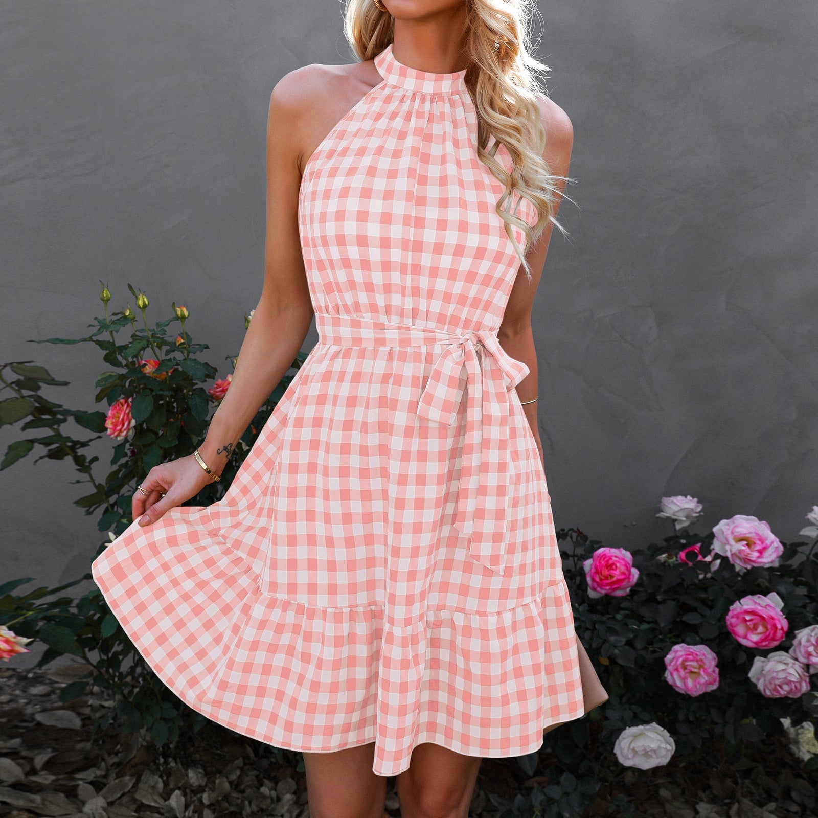 Wrap Bust Sleeveless Ruffled Plaid Midi Dress