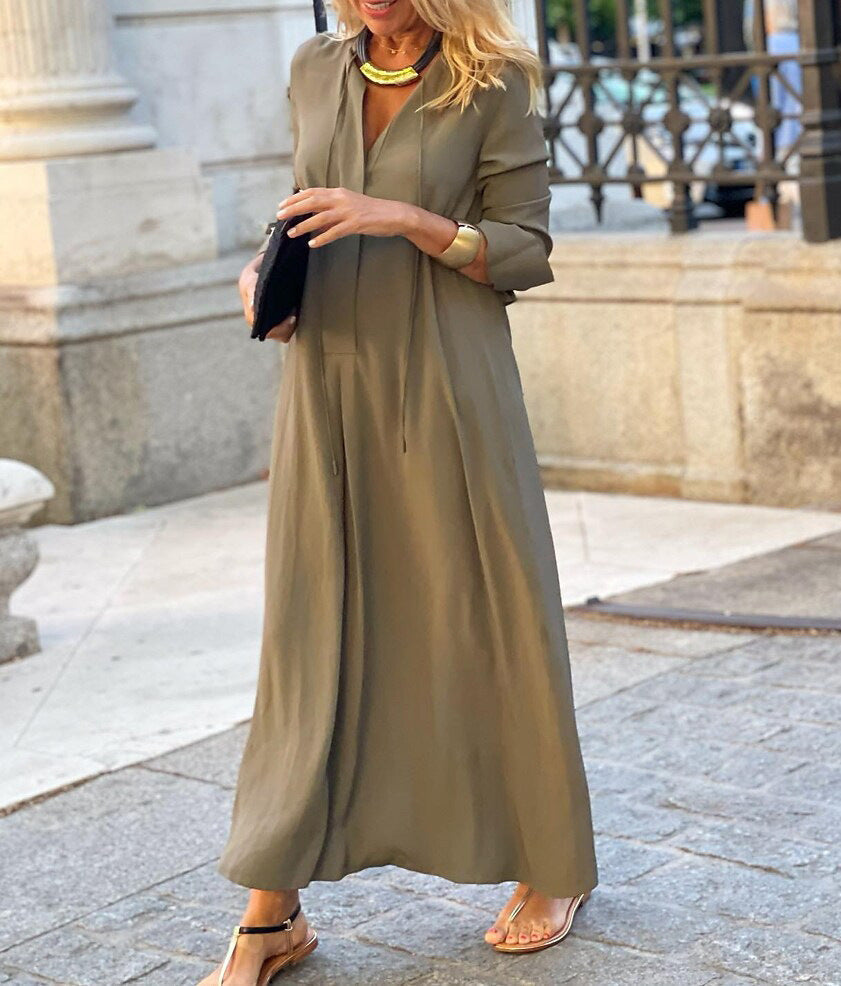 Solid Color Lapel Long Sleeve Simple Casual Long Shirt Dress