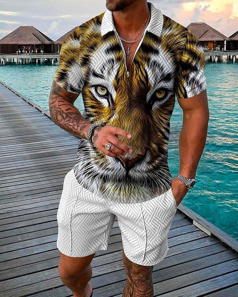 Fashion Zipper Polo Shirt Suit Men's Casual 3D Printed Shorts