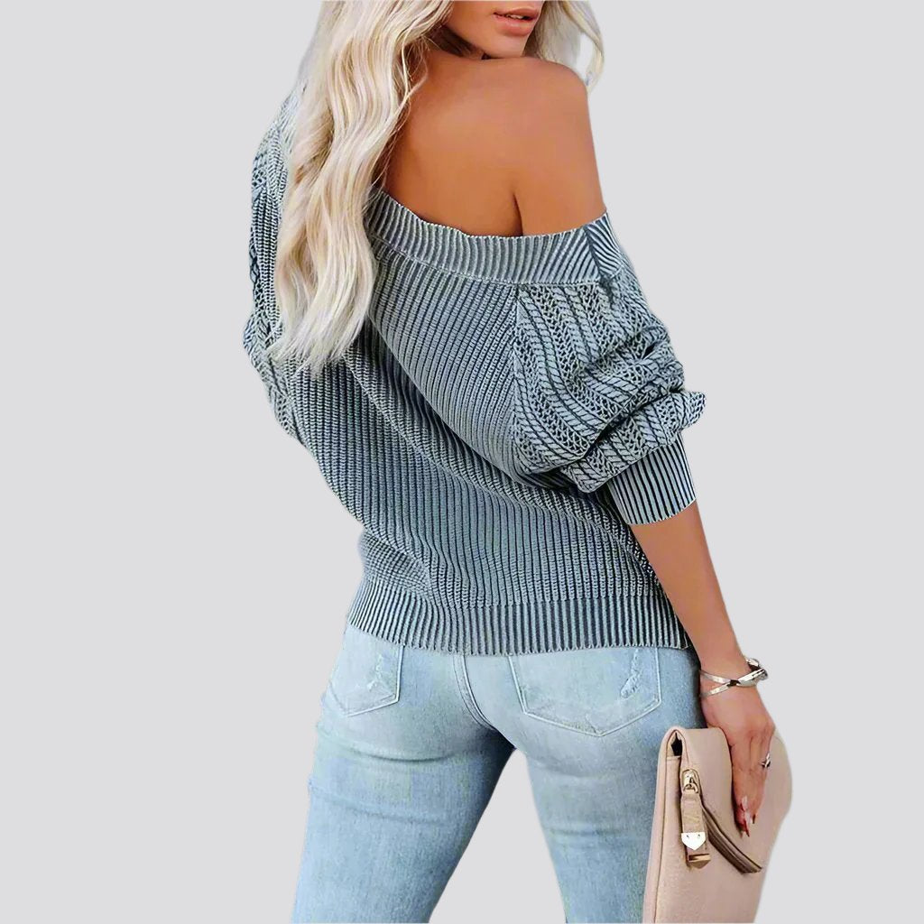 Solid Color Loose V-neck Lantern Sleeve Long Sleeve Sweater