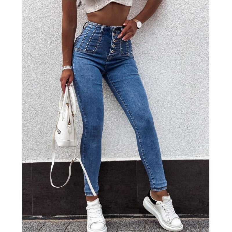 High Waist Breasted Skinny Denim Trousers