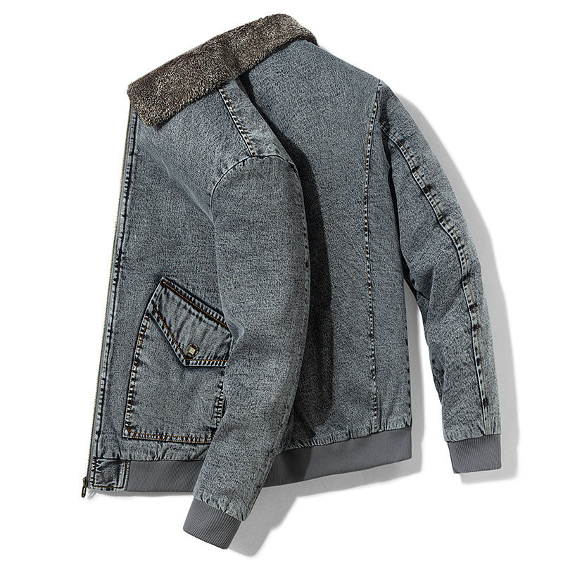 Denim Jacket Men's Loose Cargo Fur Collar