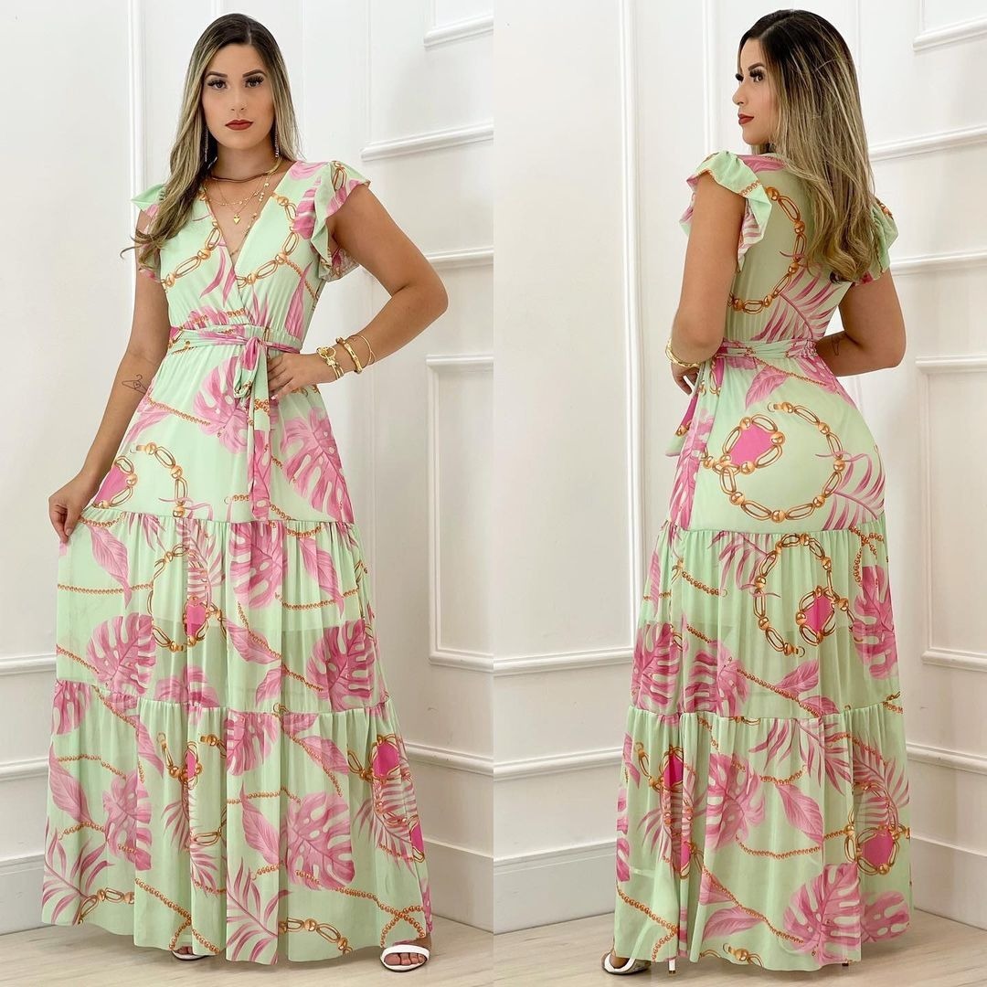 V Neck Print Dress Bohemian Seaside Resort Maxi