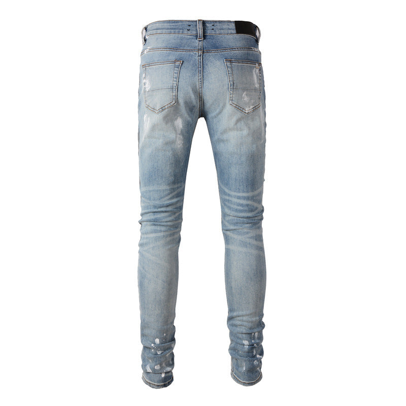 European And American Street Trendy Fashion New Men's Jeans Slim Fit Skinny Knife Ripped Patch Distressed