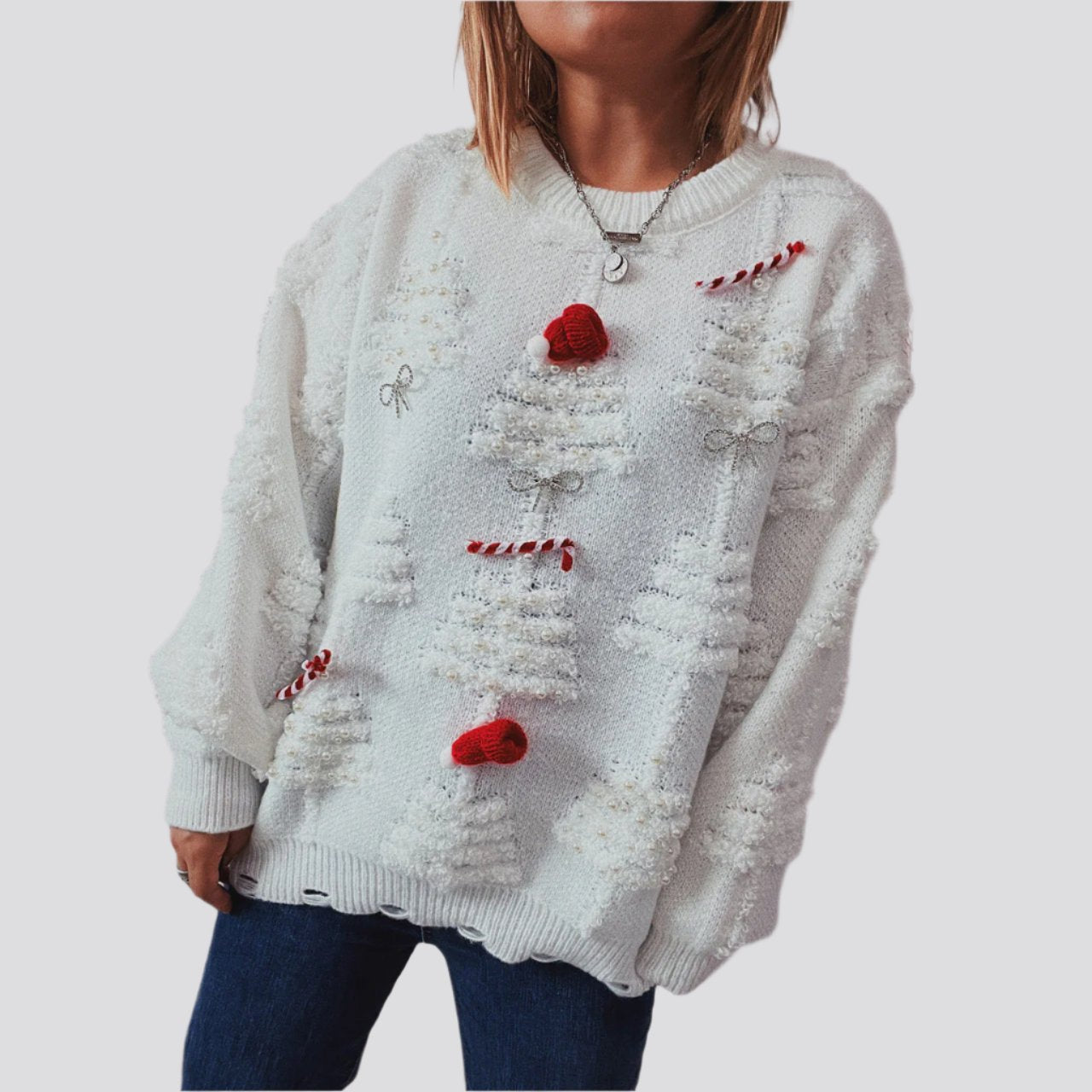 Women's Fashion Handmade Pearl Christmas Theme Sweater