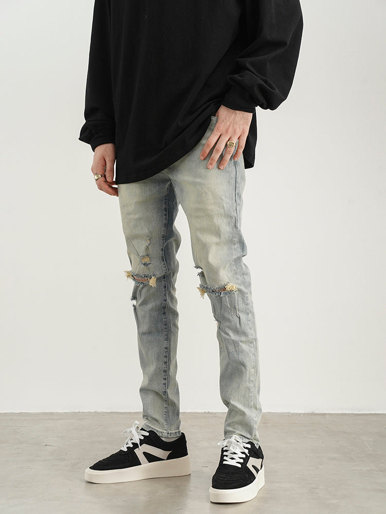 Ripped Washed Yellowed Slim-fit Jeans