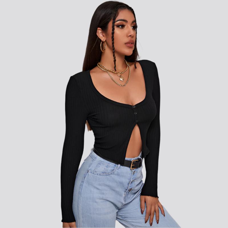 Long Sleeved Crop Cardigan Top Sexy Button Knit T-shirt