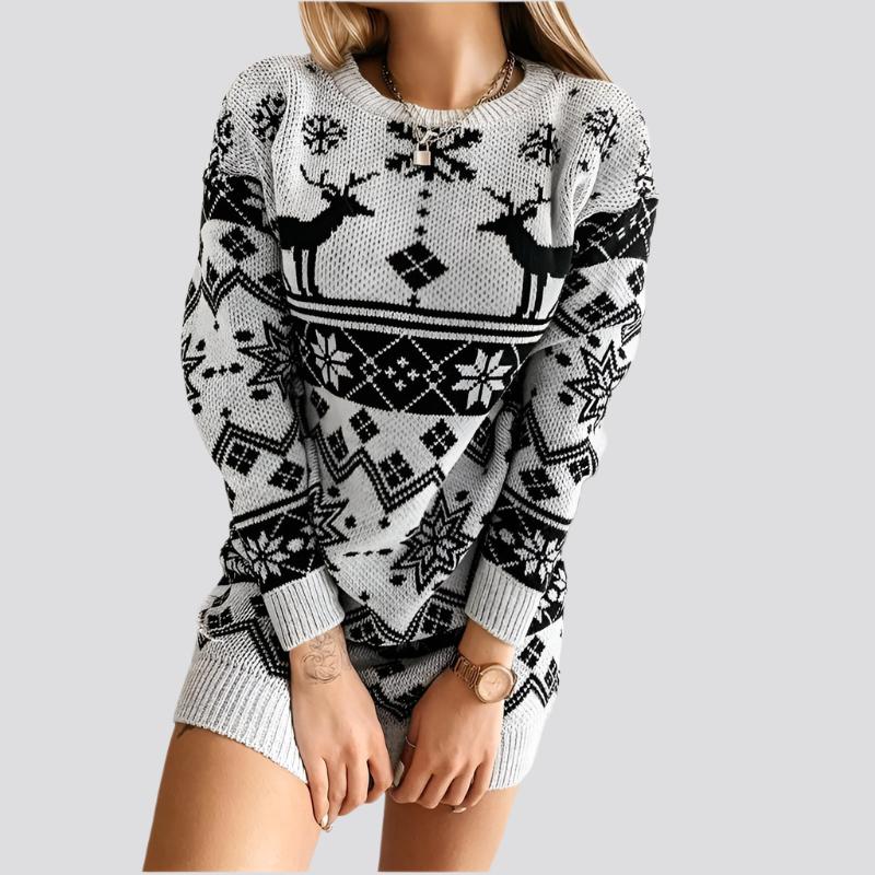 Elk Snowflake Christmas Jacquard Knitted Dress Long Knitted Sweaters