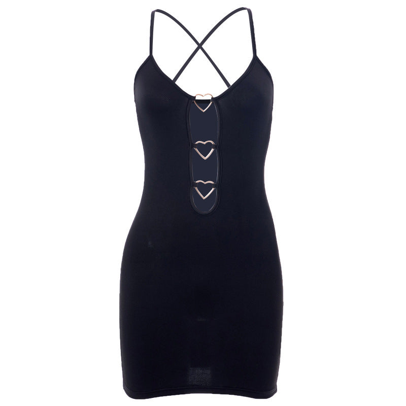 Hollow Out Black Bodycon Woman Dress Camisole Heart Ring Decor Club Sexy Party Dress For Women