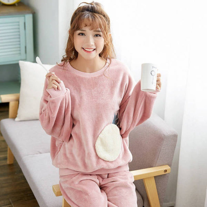 2 Pieces Women Sleepwear Warm Winter Thick