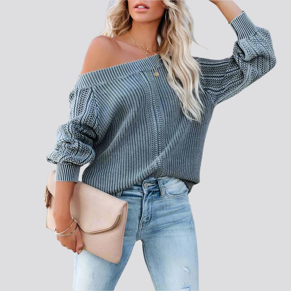 Solid Color Loose V-neck Lantern Sleeve Long Sleeve Sweater