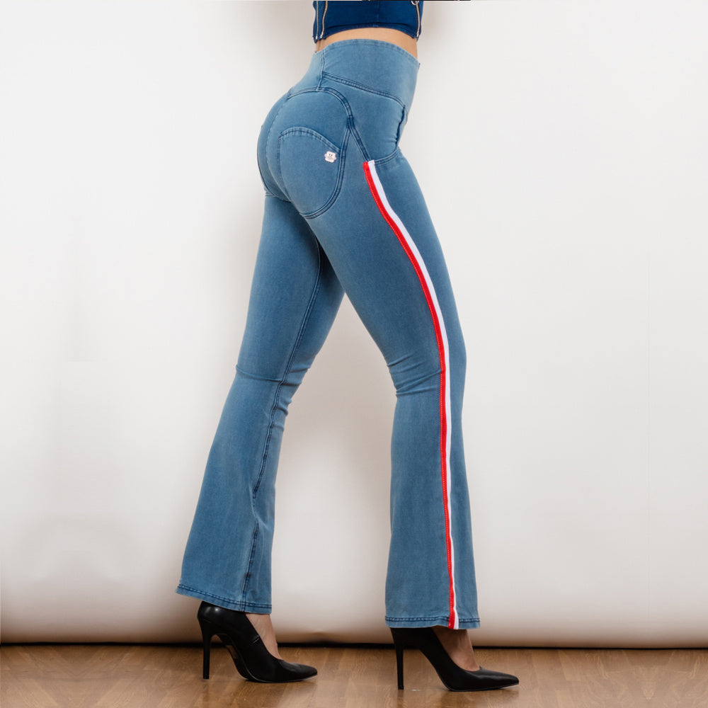 Shascullfites Melody Light Blue Flare Jeans Stretch Skinny Ripped Jeans With White&Red Stripe Side Scrunch Bum Pants