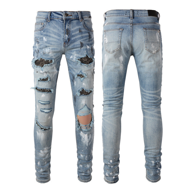 European And American Street Trendy Fashion New Men's Jeans Slim Fit Skinny Knife Ripped Patch Distressed