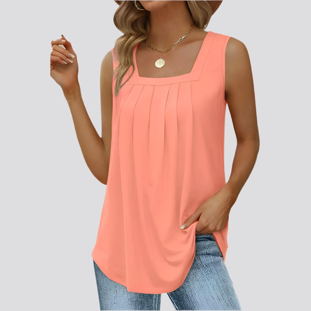 Summer Tank Tops For Women Loose Fit Pleated Square Neck Sleeveless Tops Vest T-shirt