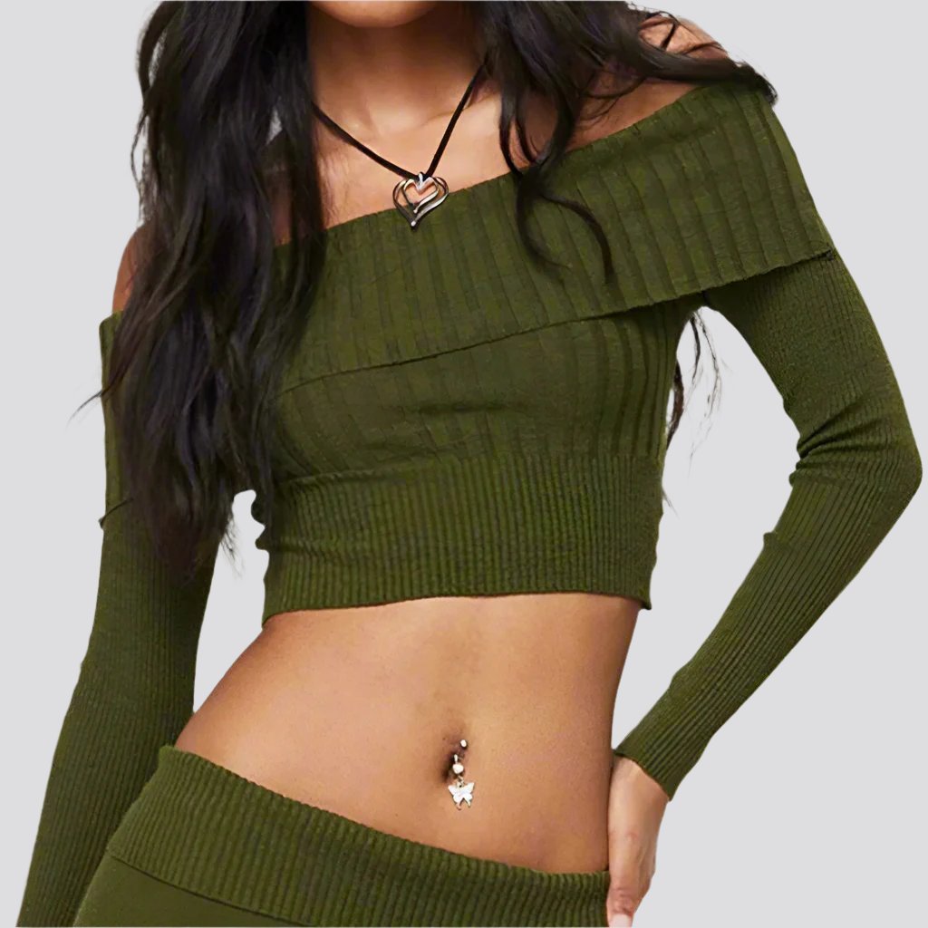 Boat Neck Long Sleeve Knitted Sweater Off-shoulder Crop Short Top SFor Womens Clothing