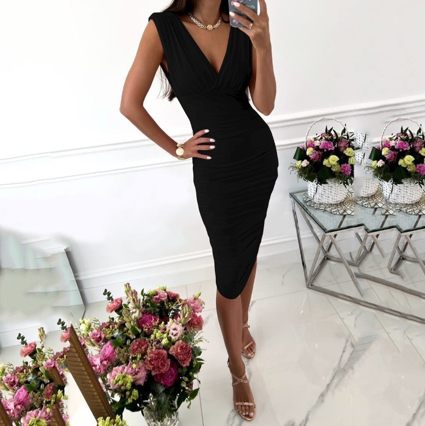 Summer Solid Color Sleeveless V-neck Cinched Bodycon Sheath Dress