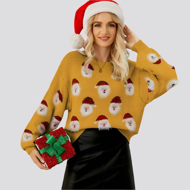 Christmas Sweater Women Cute Cartoon Santa Print Knit Sweater Winter Tops