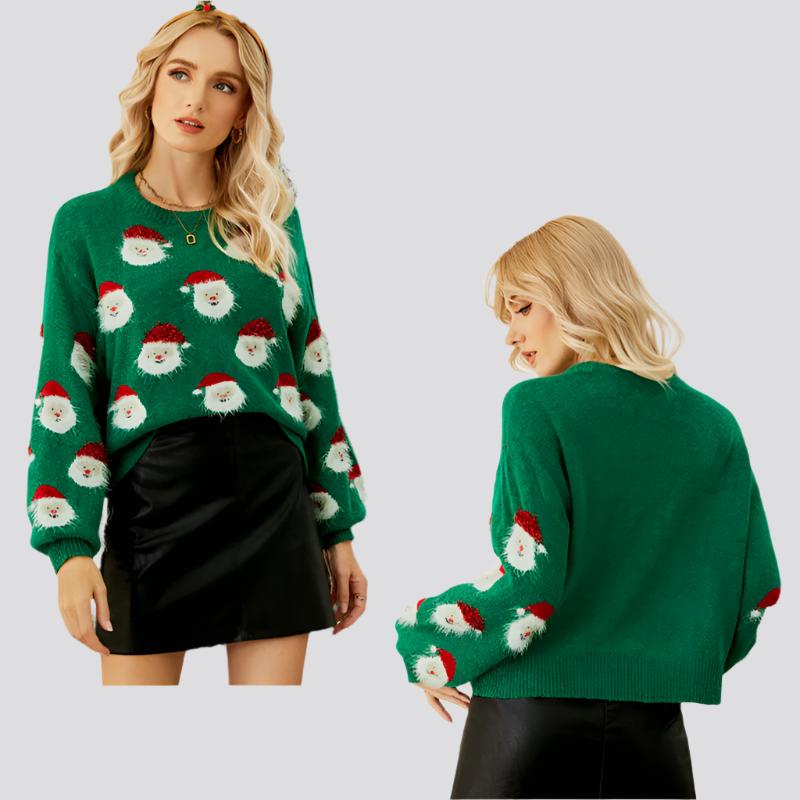 Christmas Sweater Women Cute Cartoon Santa Print Knit Sweater Winter Tops