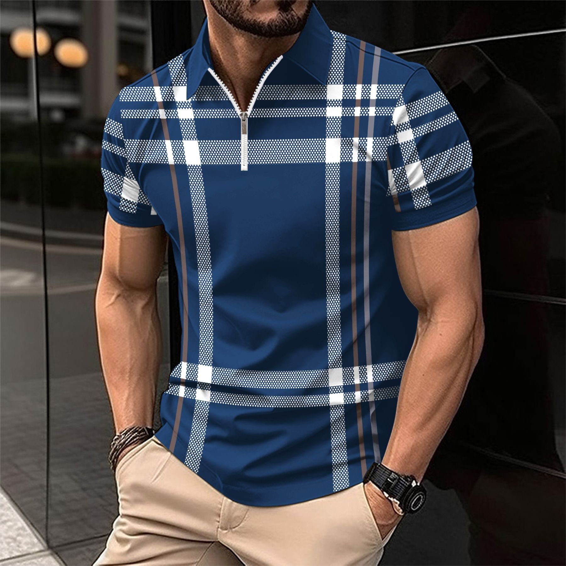 Men's Printed Plaid Striped Polo Shirt