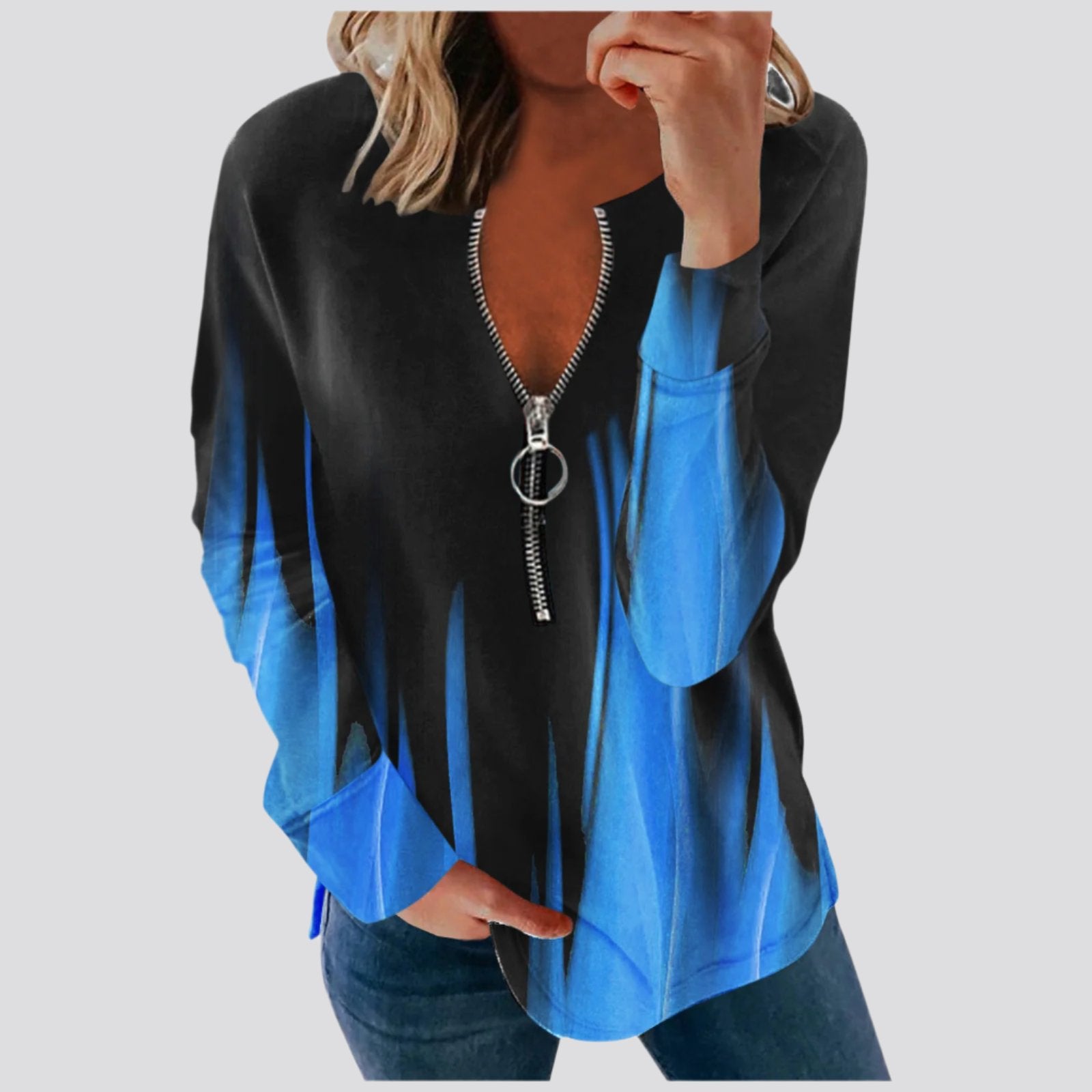 V-neck Long-sleeved Faded Flame Loose Zipper T-shirt