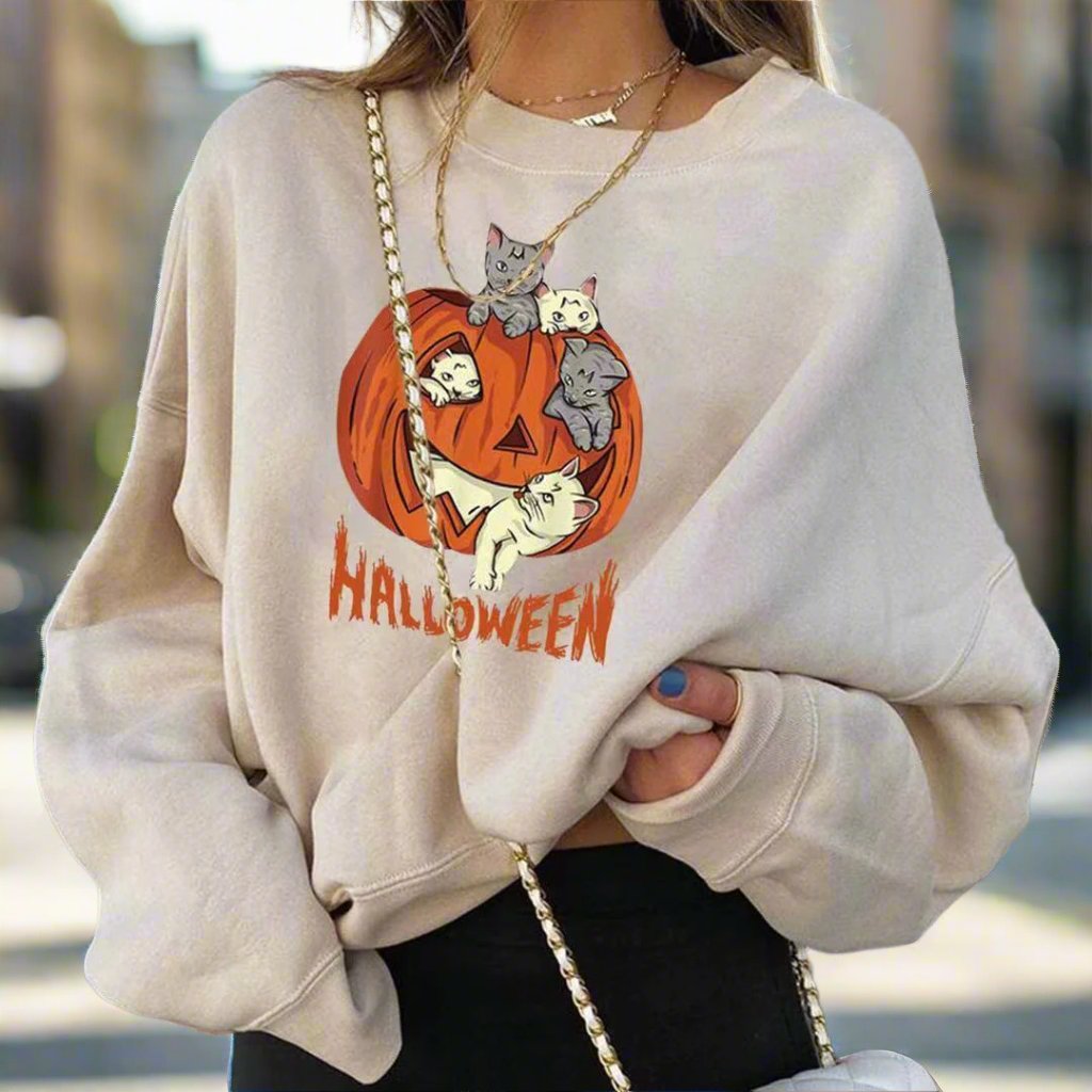 Fashionable Christmas Pumpkin Print Round Neck Long Sleeve