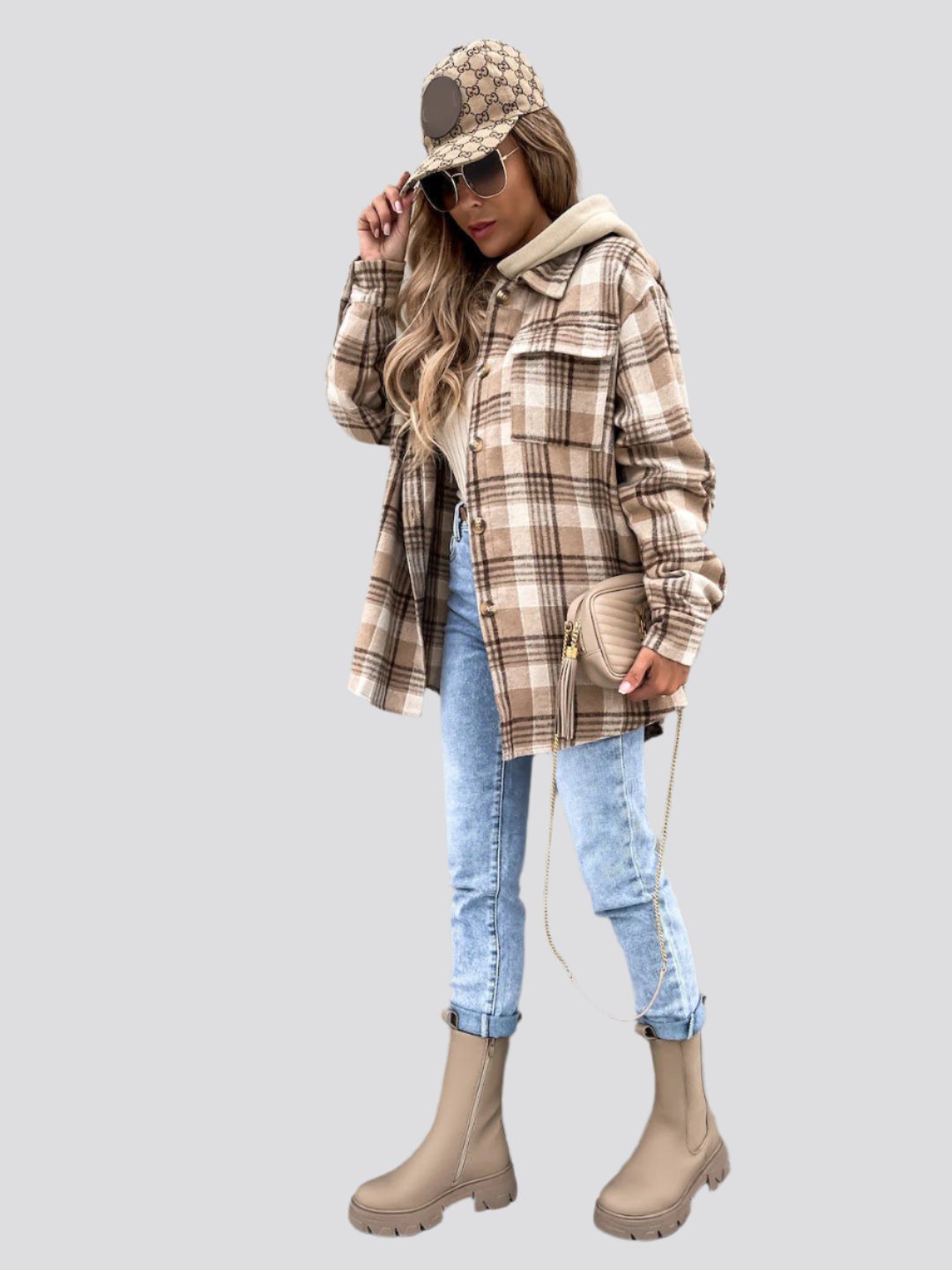 Ins Women's Woolen Jacket Winter Fashion Plaid Hooded Coat With Detachable Cap And Pockets Design Shirt Outerwear