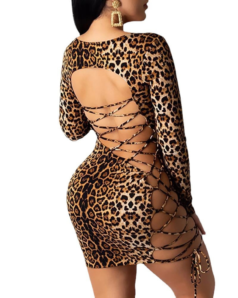 Women's Leopard Print Backless Lace-up Long Sleeve Dress