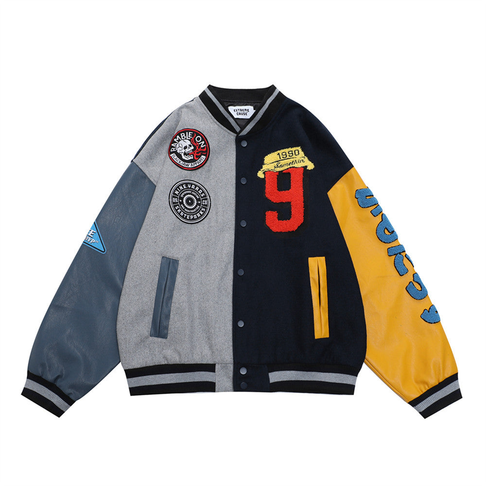 Men's Loose Color Contrast Patchwork Bomber Jacket