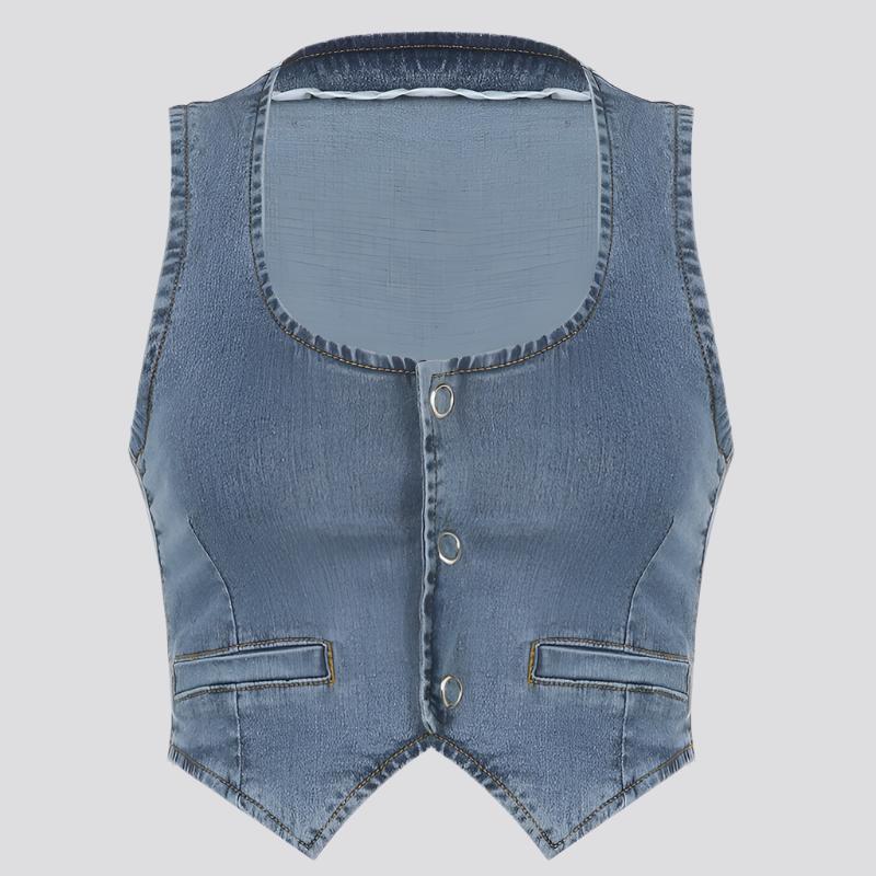 Streetwear Blue Denim Vest Jacket Buttons Up Tank Top Women Fashion