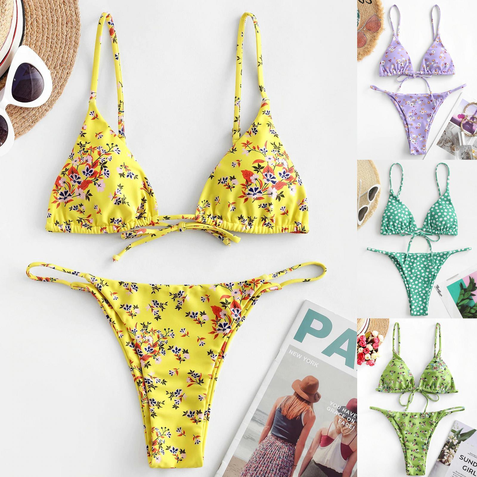 Summer Flowers Print Bikini Sexy Beach Swimming Suit Fashion Push Up Swimsuit Womens Clothing