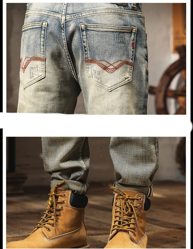 Vintage Distressed Jeans For Men's Slim Fit