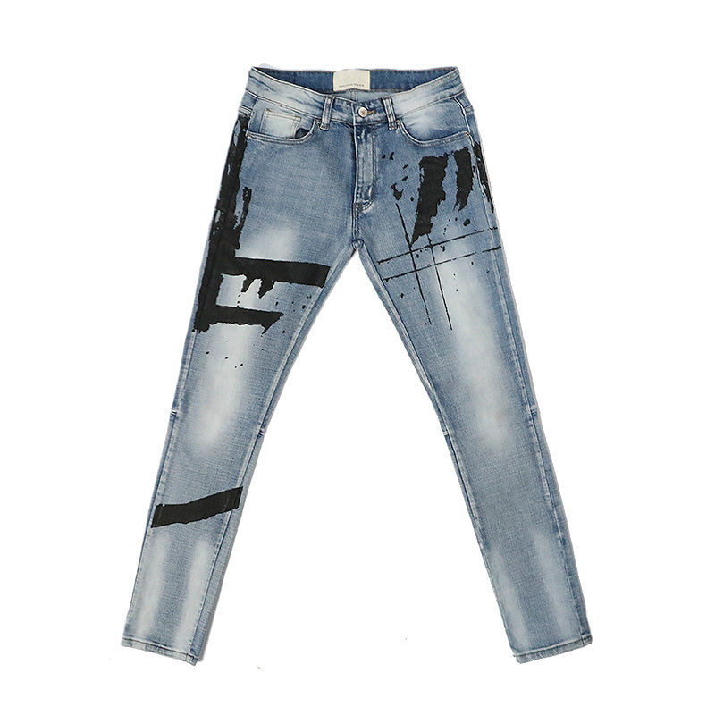 Graffiti Printed Washed And Distressed Slim-fit Jeans With Small Feet