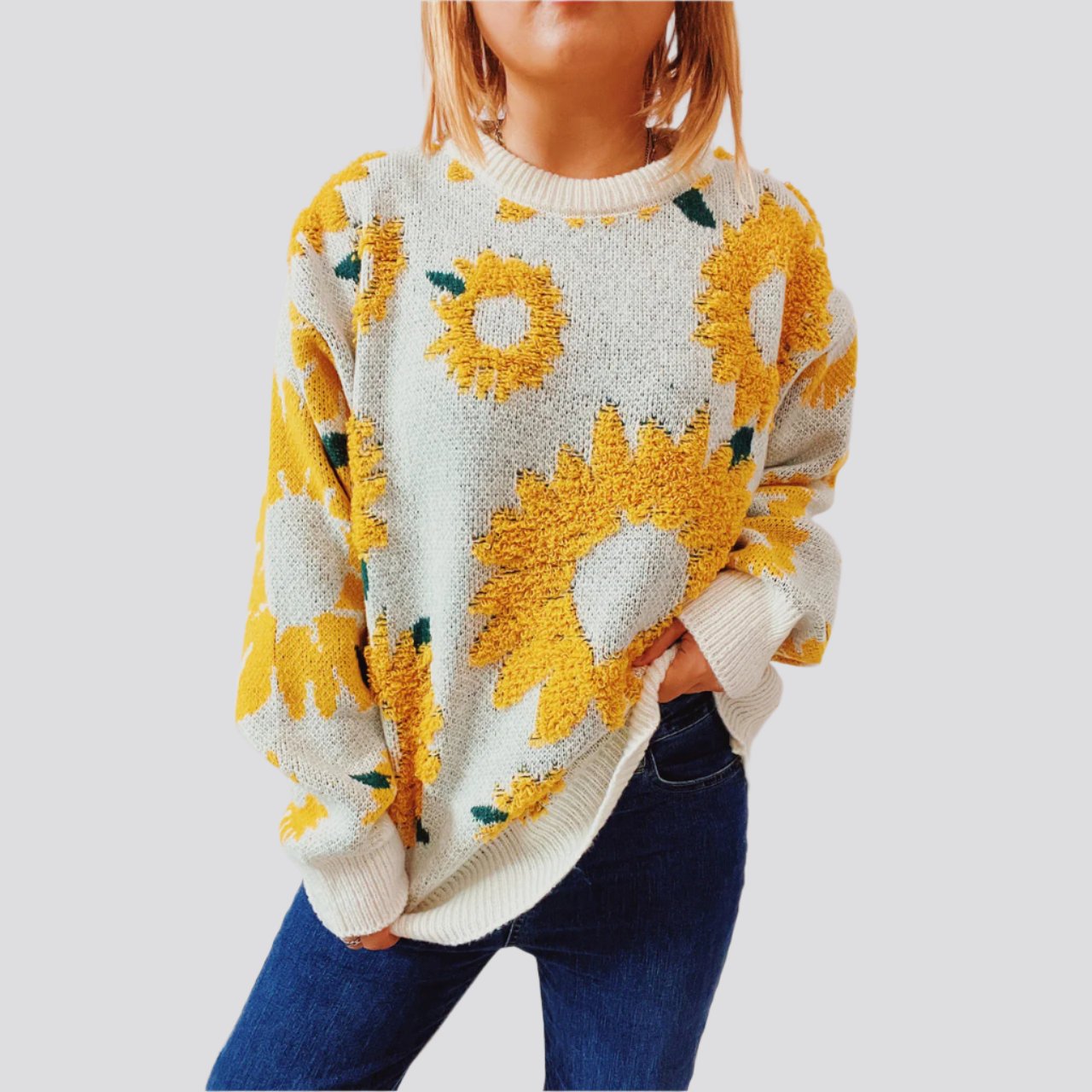 Women's Fashion Casual Sunflower Jacquard Round Neck Long Sleeve Sweater