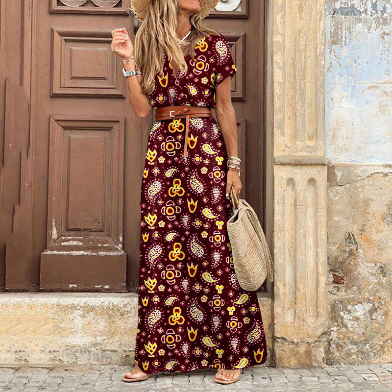 Bohemian Style Waist Trimming Printing Maxi Dress